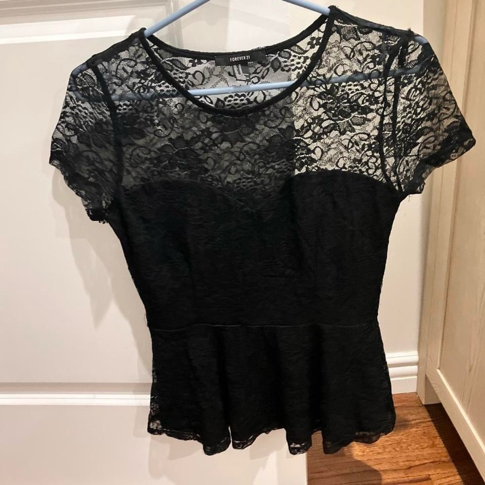 Forever 21 Black Peplum Blouse with Lace